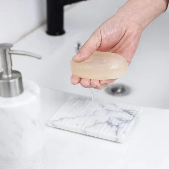 White Marble Soap Dish Holder Jewelry Ring Tray Sink Dish Sponge Holder for Bath - Picture 2 of 6